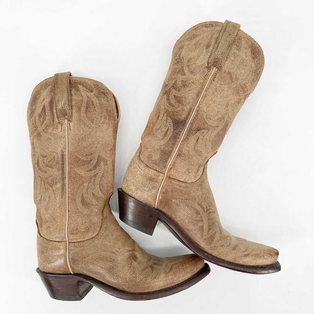 Lucchese Women’s 6 Tan Neutral Roughout Suede Snip Toe Cowgirl Western Boots - Picture 3 of 11